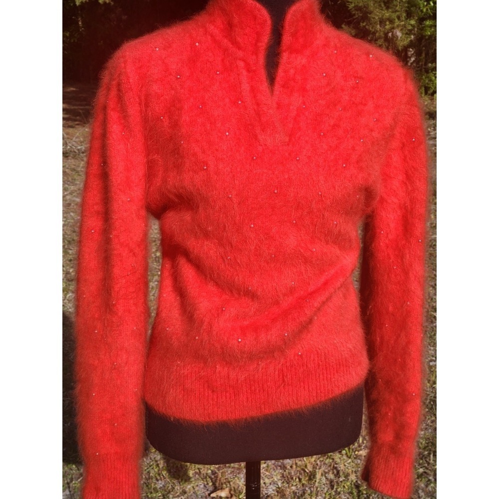 ANGORA Vtg TOMATO RED SWEATER Soft Bead Puff Sleeve Pullover Hi Neck Top M 38 - Picture 1 of 8